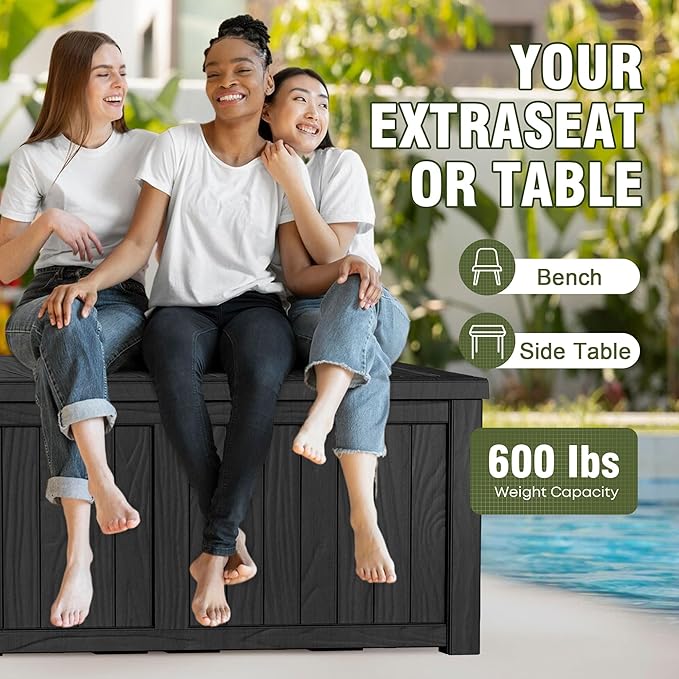 120 Gallon Patio Storage Box, Large Outside Storage Bin for Patio Furniture Covers, Cushion Pillows, Waterproof Outdoor Storage Bench for Towels, Garden Tools and Pool Accessories, Black