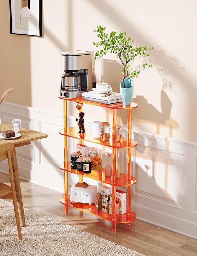 Clear Bookshelf, Acrylic Bookcase with Open Book Shelf for Office Living Room Bedroom (4 Tier Orange)