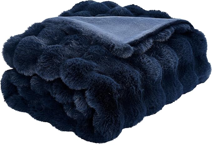 DREAMNINE Large Soft Thick Fuzzy Bubble Faux Rabbit Fur Blanket Full Size 70" x 80",Double Sided Comfy Plush Warm Shaggy Fluffy Blankets, Luxury Big Cozy Cute Textured Furry Blanket for Bed, Navy Blue