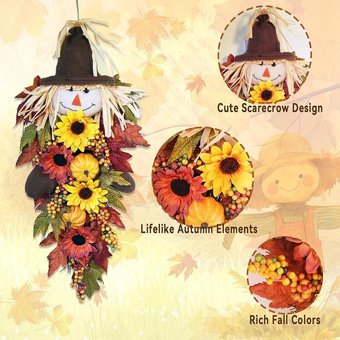 24" Rustic Fall Scarecrow Teardrop Swag – Farmhouse Sunflower & Pumpkin Wreath – Autumn Harvest Hanging Decor for Front Door, Wall, Porch, Indoor/Outdoor