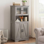 GarveeHome 54in Tall Bathroom Cabinet, Farmhouse Storage Cabinet with Glass Doors and Adjustable Shelves, Freestanding Kitchen Pantry Cabinets, Cupboard for Living Room, Dining Room, Gray