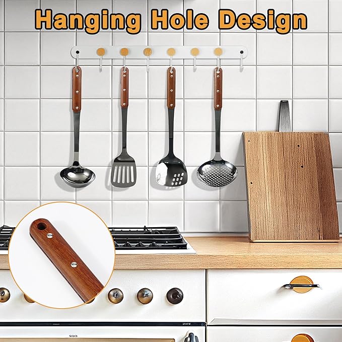 FJNATINH Stainless Steel Wok Spatula,Slotted Spatulas,Ladle,Skimmer Ladle Tool Set,Mirror Polished Cooking Utensils Kitchen Cookware, Pack of 4,Black