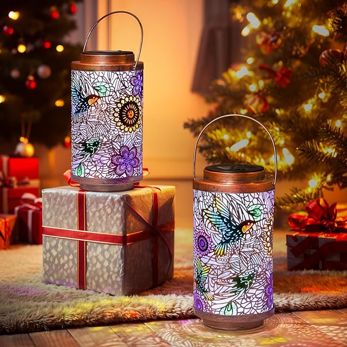 2Pack Solar Lanterns Outdoor Waterproof Hummingbird Colorful Garden Gifts for Mom, Multicolor Solar Lights Lantern for Backyard Garden, Pathway, Outside, Mothers' Day Gifts for Grandma Women