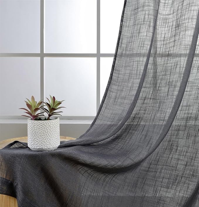 MIUCO Semi Sheer Curtains Poly Linen Textured Solid Grommet Curtains 95 Inches Long for Bedroom 2 Panels (2 x 37 Wide x 95" Long) Charcoal Grey