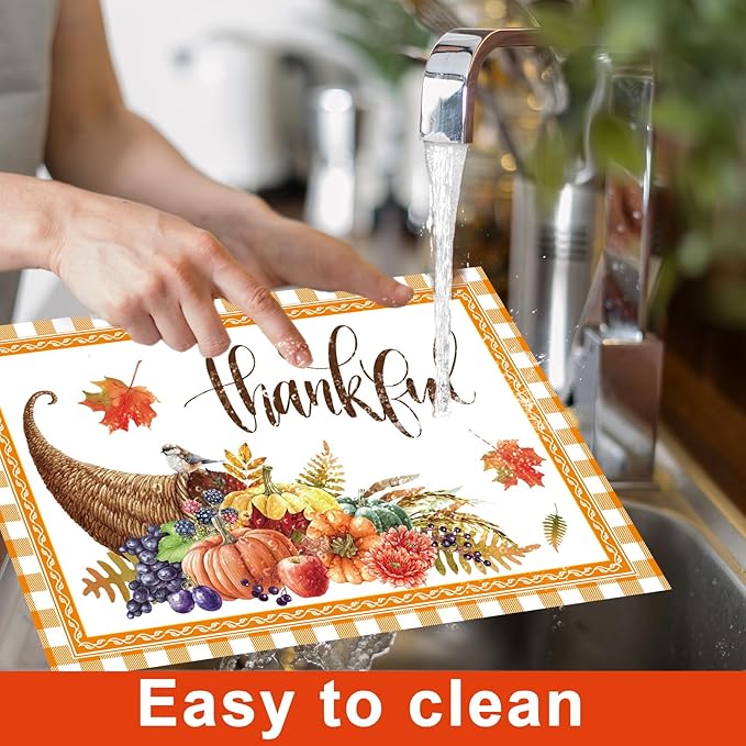Thanksgiving Placemats Set of 6 Thanksgiving Day Plastic Table Mats Welcome Fall Place Mats Washable Vinyl Rustic Holiday Table Decoration for Indoor Outdoor Autumn Party Kitchen Dining