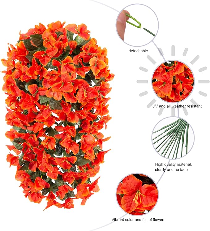 Artificial Bougainvillea Faux Flowers Plants for Outdoors Outside Fall Autumn Decor, 2 PCS Silk Trailing Vines UV Resistant Realistic Orange Fake Flowers for Planter Front Door Porch Patio Balcony