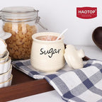 HAOTOP 12oz Sugar Bowl with Lid and Spoon,Ceramic Sugar Jar Sugar Dispenser Sugar Container Coffee Bar Accessories, Kitchen Countertop Canisters, Beige