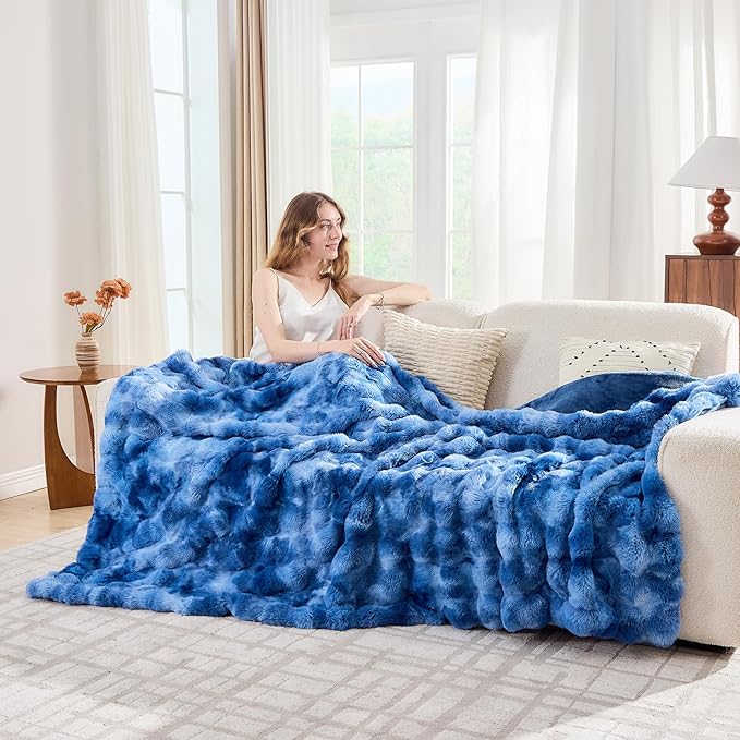Lotus Karen Faux Fur Throw Blanket Tie-Dye Blue-Big Bubble Rabbit Fluff Blanket for Couch,Small Fluffy Fuzzy Cozy Blanket,Thick Furry Plush Shaggy Blankets,50x60 Inches