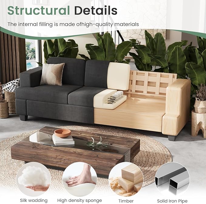 Sofa, 89" 3-Seater Deep Seat Sofa, Modern Comfy Couches for Living Room Apartment Lounge, Dark Grey Chenille
