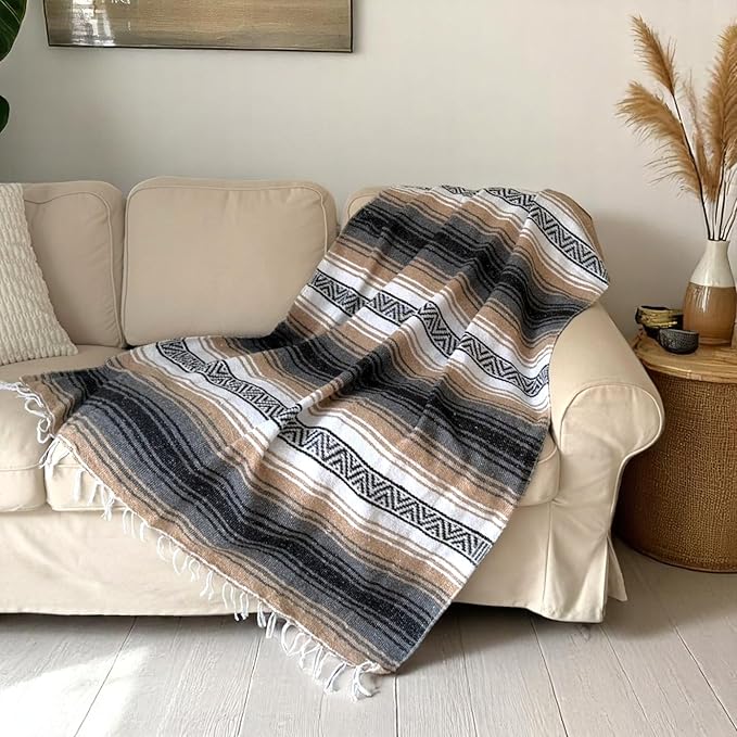 Traditional Handwoven Mexican Blanket, Large Falsa Serape - Soft & Durable - Vibrant Beach, Picnic, Yoga & Camping Mat - Lightweight Boho Throw 70"x50" (Haze)