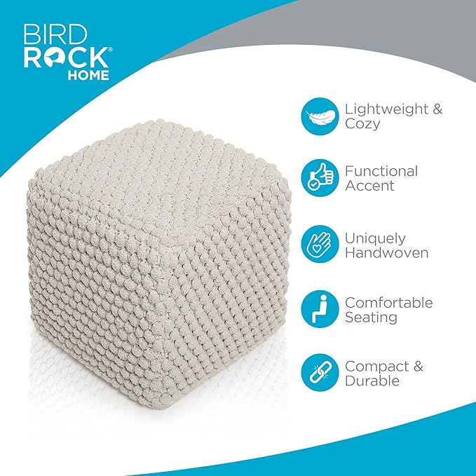 BIRDROCK HOME Bud Pouf Foot Stool Ottoman - Knit Bean Bag Floor Chair - Cotton Braided Cord - Great for The Living Room, Bedroom and Kids Room - Small Furniture