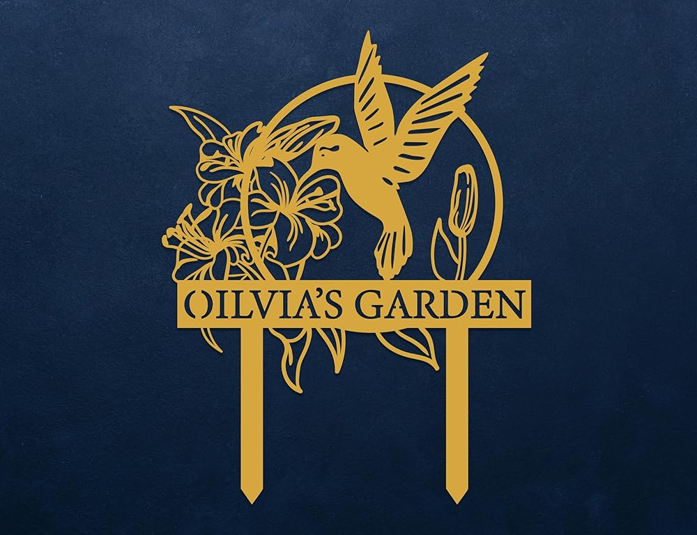 Custom Hummingbird Metal Garden Decor, Personalized Bird with Stakes Garden Sign, Flower Design Personalized Garden Sign, Custom Garden Name Sign, Home Gift, Large Outdoor Decor, Patio Decor