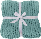 Bigacogo Chunky Knit Throw Blanket for Couch, 40x80 inches, 100% Hand Knitted with Thick Jumbo Chenille Yarn, Cozy Soft Large Rope Knot Cable Crochet Blankets for Sofa Bed Living Room, Light Teal