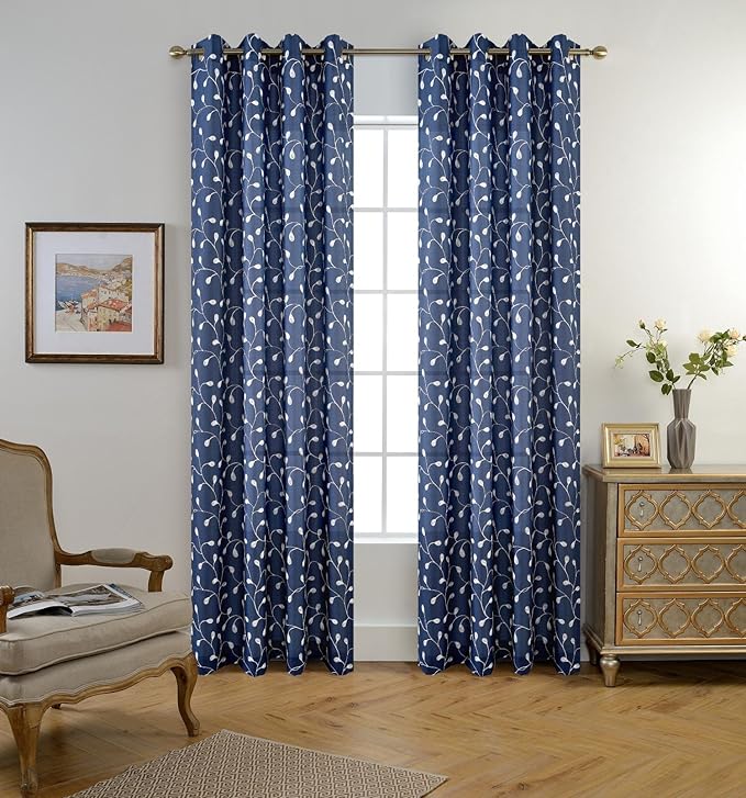 MIUCO Floral Embroidered Semi-Sheer Curtains Faux Linen Grommet Window Panels for Doors 52 x 95 Inch 2 Panels, Navy Blue