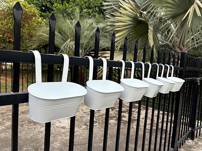 10" Hanging Flower Pots, Pack of 6 White Metal Outdoor Patio Balcony Planter, Railing Planters Fence Pot with Detachable Hook & Drainage Hole for Small Plants (White, 6Pcs)