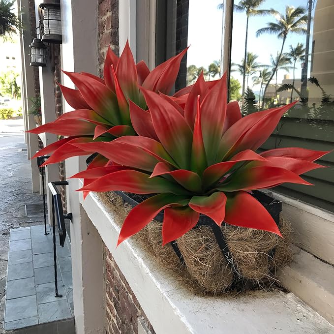 Artificial Agave Plants,Large UV Resistant Fake Agave Planters for Indoor and Outdoor Decorating Tropical Plant Succulents Greenery Indoor Decor (2Pack,18" Red)