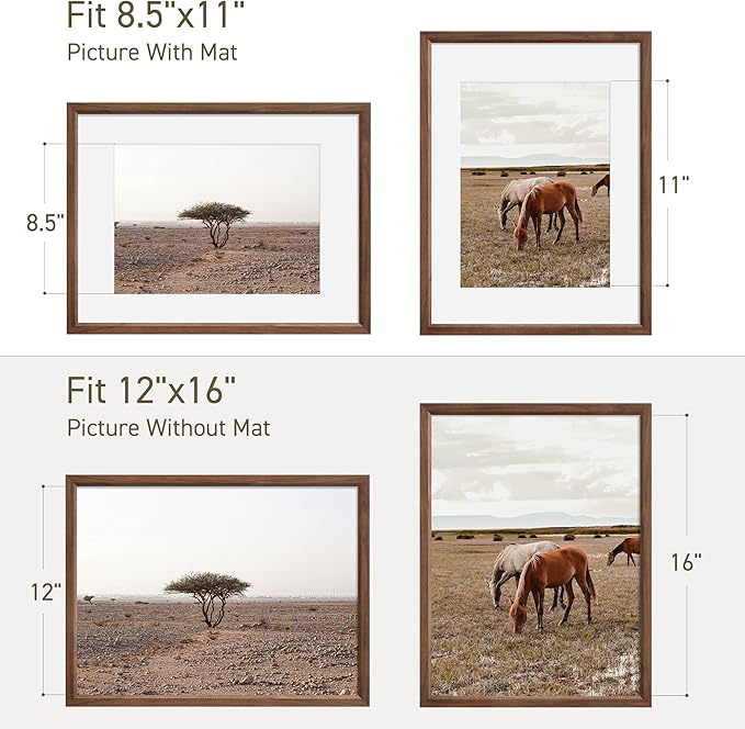 12x16 Picture Frame Natural Solid Walnut Photo Frames with 8.5x11 Removable Mat Wall Hanging Large Handcrafted Frame with HD Plexiglass Wall and Tabletop Display Large Poster Frame