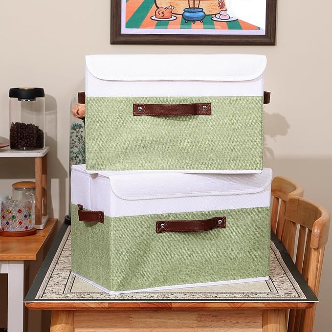 ANMINY 4PCS Storage Boxes with Lid Washable Decorative Storage Bins Basket with PU Leather Handle Foldable Linen Fabric Storage Cubes Containers for Home Closet Organizer - Green White, Large Size