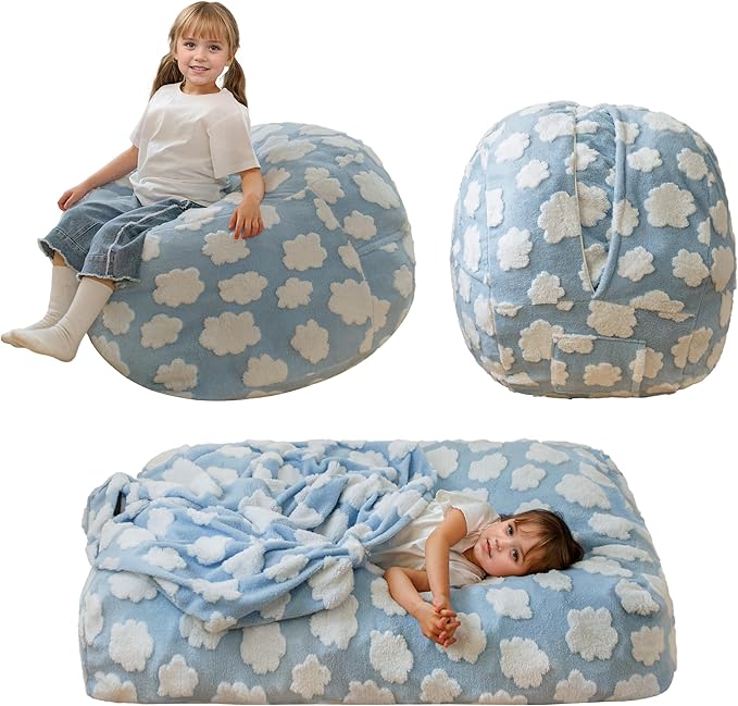 MAXYOYO Bean Bag Chair Bed for Kids, Convertible Bean Bag from Lazy Chair to Floor Bed, Fresh Cloud Design Cover, Stuffed Floor Sofa Couch for Boys and Girls, High-Density Foam Filling, Blue