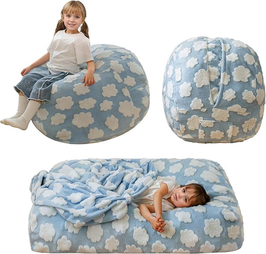 MAXYOYO Bean Bag Chair Bed for Kids, Convertible Bean Bag from Lazy Chair to Floor Bed, Fresh Cloud Design Cover, Stuffed Floor Sofa Couch for Boys and Girls, High-Density Foam Filling, Blue