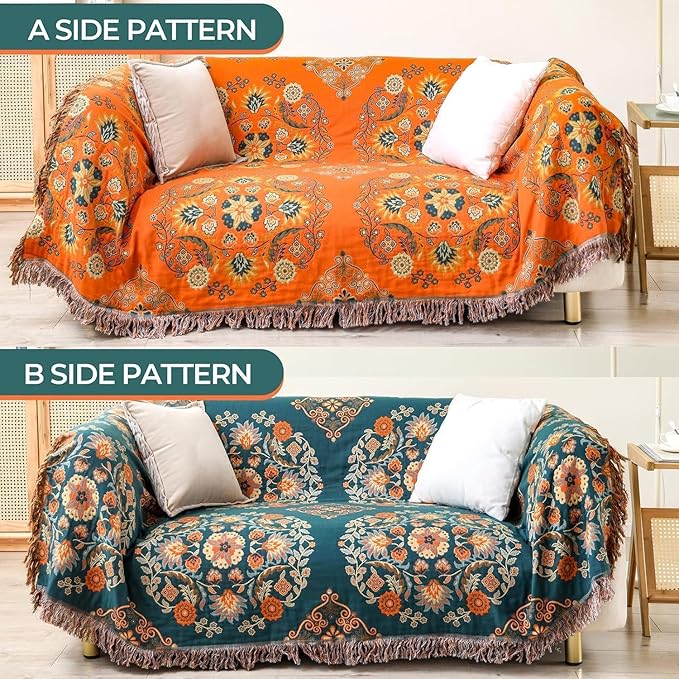 Throw Blanket for Couch Bed Chair,100% Cotton Soft Lightweight Blanket Rustic Quilt -Orange Floral Printed Farmhouse Decor Bed All Season Blankets,80"×90"