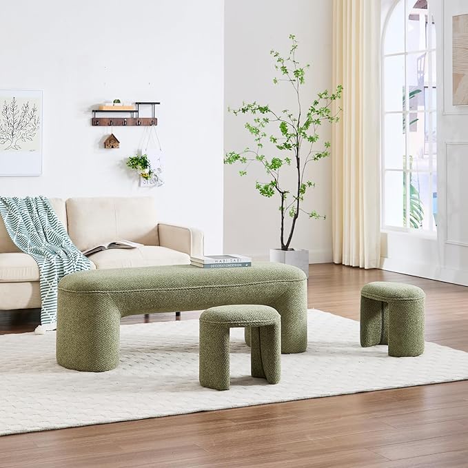 3-Piece 53" Comfy Upholstered Dining Bench with 2 Ottomans, Accent Waterfall Bench Modern End of Bed Entryway Bench Vanity Stool, Green Chenille