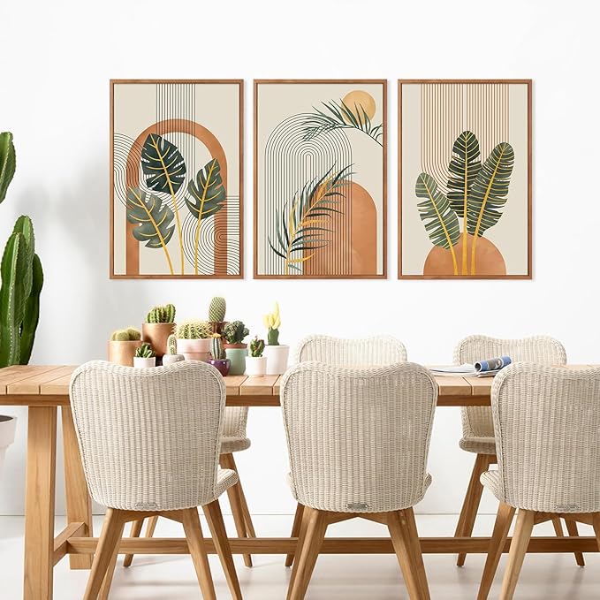 KAIRNE Boho Canvas Wall Art,Tropical Palm Leaf Wall Decor,Mid-Century Geometric Illustrations Set of 3(16”X24”),Abstract Line Pictures,Modern Botanical Prints for Living Room Bedroom Dining Room Decor