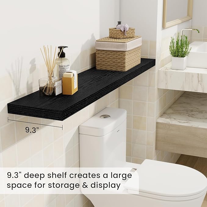 Fun Memories 48 Inch Deep Floating Shelves for Wall, 2 Pack of Long Wall Mounted Wood Shelves with Invisible Brackets for Bathroom, Bedroom, Living Room, Kitchen Decor and Storage, Black