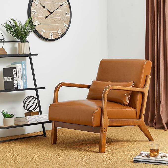 Glitzhome 30" H Mid Century Yellowish Brown Accent Armchair, Single Reading Sofa, PU Leather Lounge Chair with Walnut Ruberwood Frame for Livingroom or Office