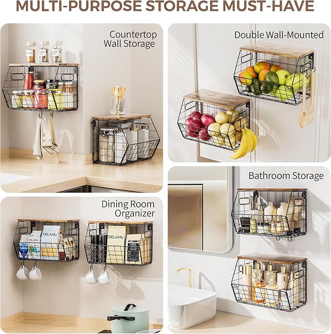 Delamu 2-Pack Stackable Metal Fruit Basket with Wood Lid-Wall Mounted & Countertop Organizer for Kitchen,Pantry- Ventilated Storage for Onions,Potatoes,Fruits,Spices (12"x 8"x 8-5/16")