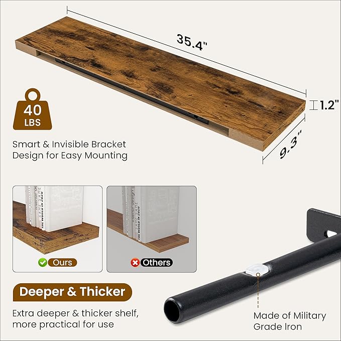 36 Inch Floating Shelves, 9.3 Inch Deep Rustic Wall Shelves - Extra Deeper Wall Mounted Storage Shelves for Bathroom, Kitchen, Living Room (Brown, Set of 2)