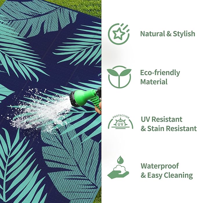 GENIMO Outdoor Rug 8' x 10' Waterproof for Patios Clearance, Reversible Outdoor Plastic Straw Camping Rug Carpet, Large Area Rugs Mats for RV, Camper, Deck, Balcony, Porch, Beach, Navy Blue&Jade Green