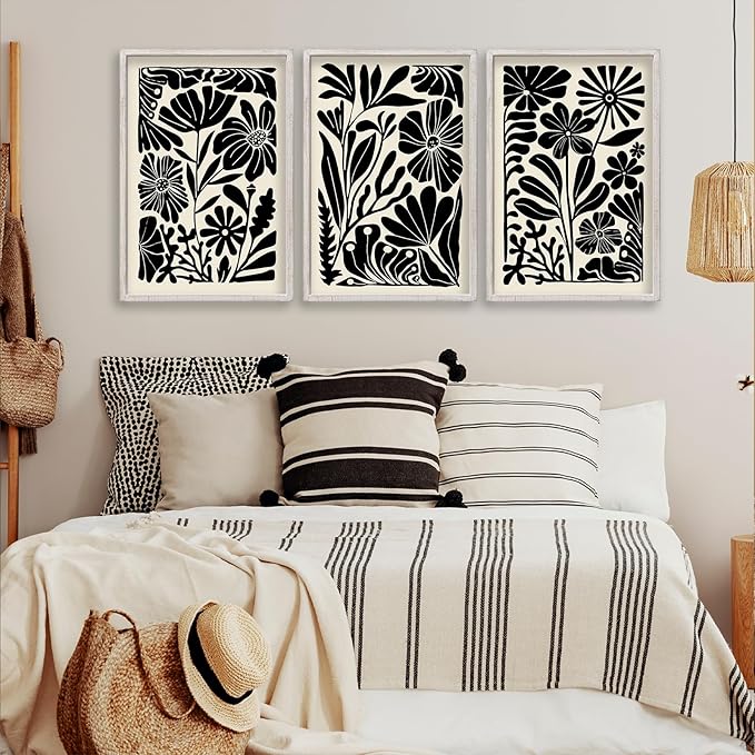 Abstract Floral Botanical Wall Art 16x11 Inch 3 Piece Black Vintage Boho Plant Flower Minimalist Wood Frame Sign Home Living Room Family Office Mid Century Print Wall Hanging Decor (White)