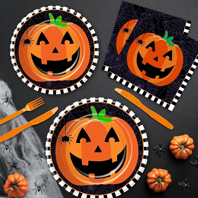 Halloween Plates and Napkins Party Supplies, Pumpkin Halloween Party Decorations Tableware, Pumpkin Paper Plate, Cup, Napkin, Tablecloth, Disposable Cutlery, Serves 24