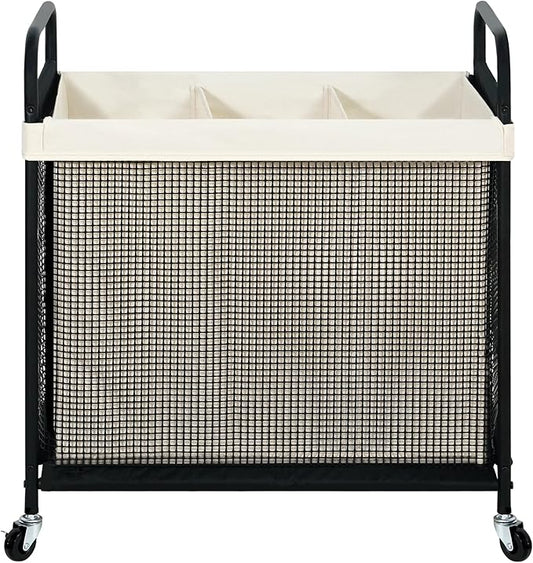 STO STO Laundry Hamper 3 Section, 120L Rolling Laundry Sorter Cart with Removable and Washable Liner Bag, Rolling Clothes Hamper with Metal Handle for Laundry Room and Bedroom