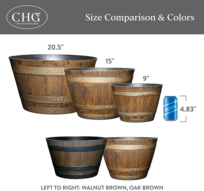 Classic Home & Garden Whiskey Barrel Planters - Wooden Finish Flower Planter Pot - Decorative Garden Pots - Indoor & Outdoor Resin Planters - Weather-Resistant Planting Pots (15” Oak Brown, Pack Of 1)