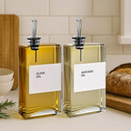 Olive Oil Dispenser Bottle - Includes 44 Kitchen Essential Labels - Cooking Oil Bottles for Kitchen, Coffee Syrup Dispenser - Pourer Spout with 11.8 fl oz Glass Container Cruet - 2pcs Silver