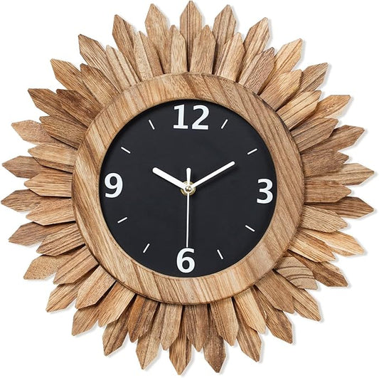 Honiway 14 Inch Wall Clock, Rustic Wood Boho Sunburst Decorative Wall Clocks Battery Operated Silent Non Ticking Farmhouse Small Wall Clocks for Living Room Kitchen Bedroom Home Decor (Rustic Brown)