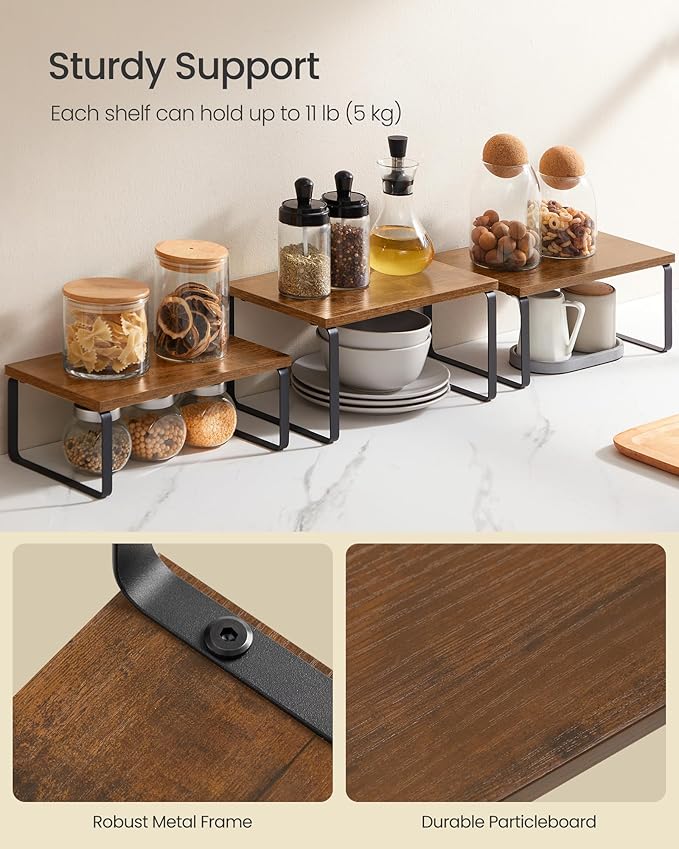 SONGMICS Cabinet Organizer Shelf, Set of 3 Kitchen Counter Shelves, Kitchen Storage, Spice Rack, Stackable, Expandable, Rustic Brown and Matte Black UKCS220K02