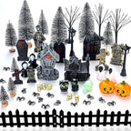 56 Pcs Halloween Village Accessories Set Halloween Haunted House Village Set Miniature Tombstones Tree Fake Spiders Fence Streetlamp Figurines for Home Table Party Decor