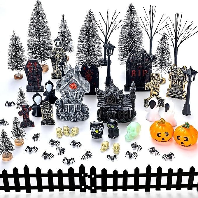 56 Pcs Halloween Village Accessories Set Halloween Haunted House Village Set Miniature Tombstones Tree Fake Spiders Fence Streetlamp Figurines for Home Table Party Decor