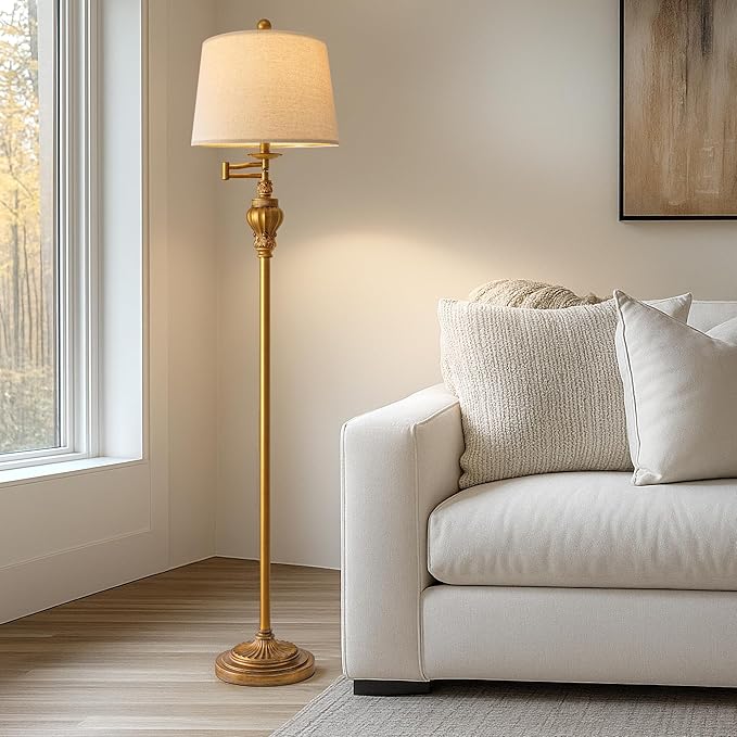 61" Vintage Floor Lamp with 350° Adjustable Swing Arm, Gold Standing Lamp for Bedroom Living Room Nightstand Bedside Retro Farmhouse Mid Century Lamp Light Home Décor Office Gifts