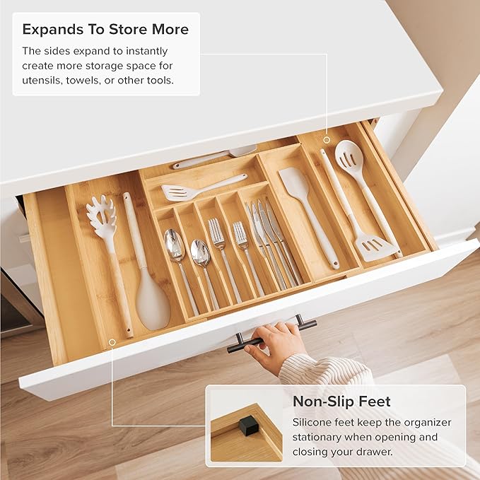 Premium Silverware, Flatware and Utensil Organizer for Kitchen Drawers, Food-Safe Contract Grade, Expandable from 16 to 28 In, Natural Bamboo