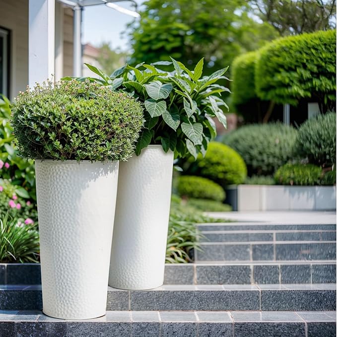 KOL 25" H. Metal Hand-Hammered Planters with Inner Pots 2-Pack, White Decor Planter for Deck, Patio, Porch - Galvanized Steel Handcrafted Flower Pot - w/Water Level Indicator - Indoor Outdoor Use