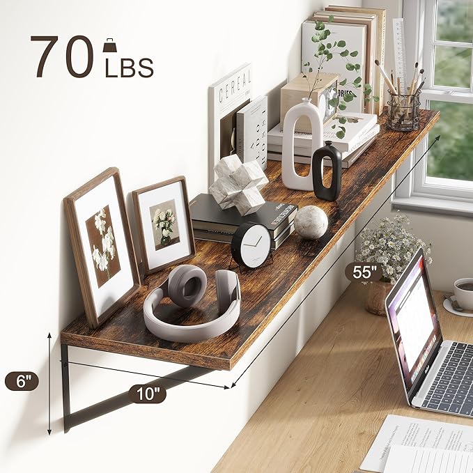 Floating Shelves 55 Inch Long, 10" Deep Floating Shelves, Wall Shelves 55 x 10, Set of 2, Wide Large Display Storage Shelves for Bathroom, Living Room, Rustic Wood Shelves with Brackets, Rustic Brown