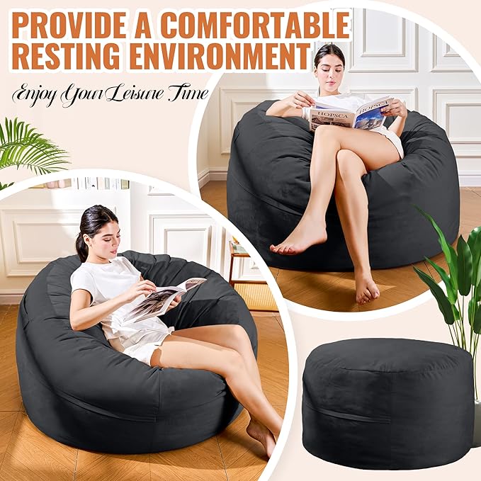 4FT Bean Bag Chair: Bean Bag with Velvet Cover, Fluffy and Comfy Bean Bag Chairs for Adults and Kids, Bean Bag Sofa Filled with High-Density Sponge for Gaming (Black)