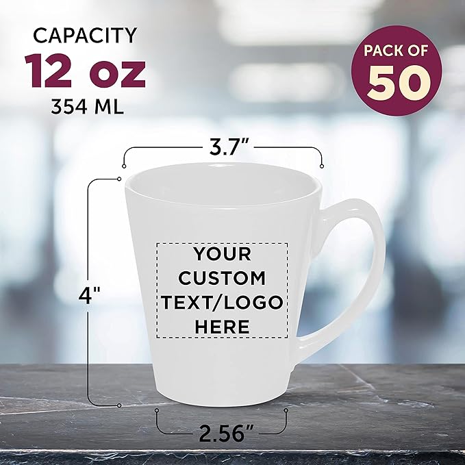 DISCOUNT PROMOS Custom Glossy Ceramic Latte Coffee Mug 12 oz. Set of 50, Personalized Bulk Pack - Perfect for Tea, Espresso, Cappuccino, Hot Cocoa - White
