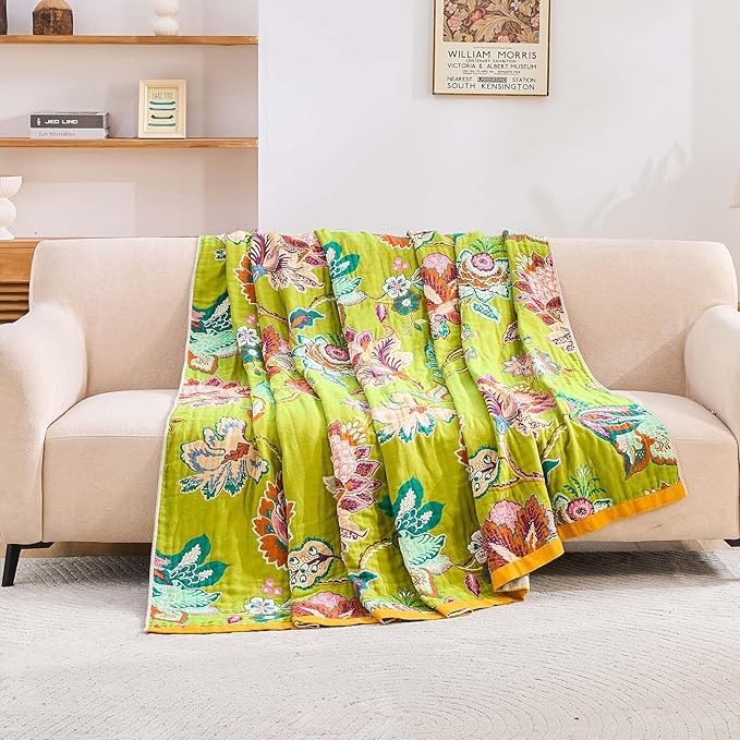 Fall Throw Blanket, 100% Cotton Soft Rustic Boho Throw Blanket for Bed, 90"x98" Farmhouse Decor Bed Flower Blankets, Light Weight Reversible Bohemian Throw Quilt