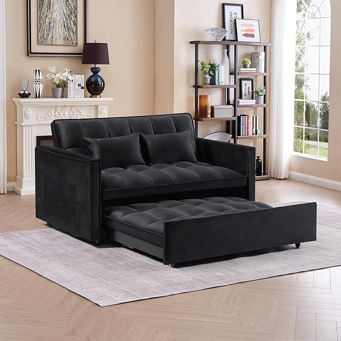 3 in 1 Convertible Sleeper Sofa Bed,Futon Loveseat Couch with Pull-Out Bed & Adjustable Backrest,Velvet Fabric Sofa with Side Pocket for Small Apartment, Living Room, Office (Black)