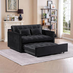 3 in 1 Convertible Sleeper Sofa Bed,Futon Loveseat Couch with Pull-Out Bed & Adjustable Backrest,Velvet Fabric Sofa with Side Pocket for Small Apartment, Living Room, Office (Black)